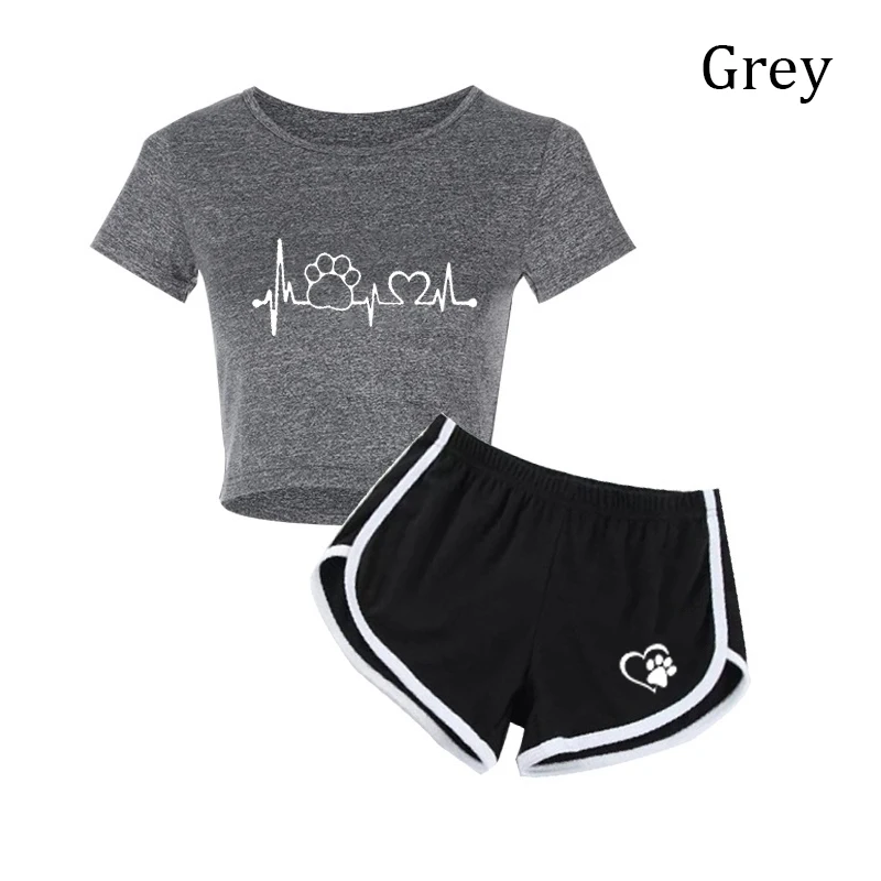 Summer Two Piece Shorts Set American Retro T-Shirts Yoga Shorts Ladies Casual Pullover Athletic Shorts Sport Shorts Gym Workout