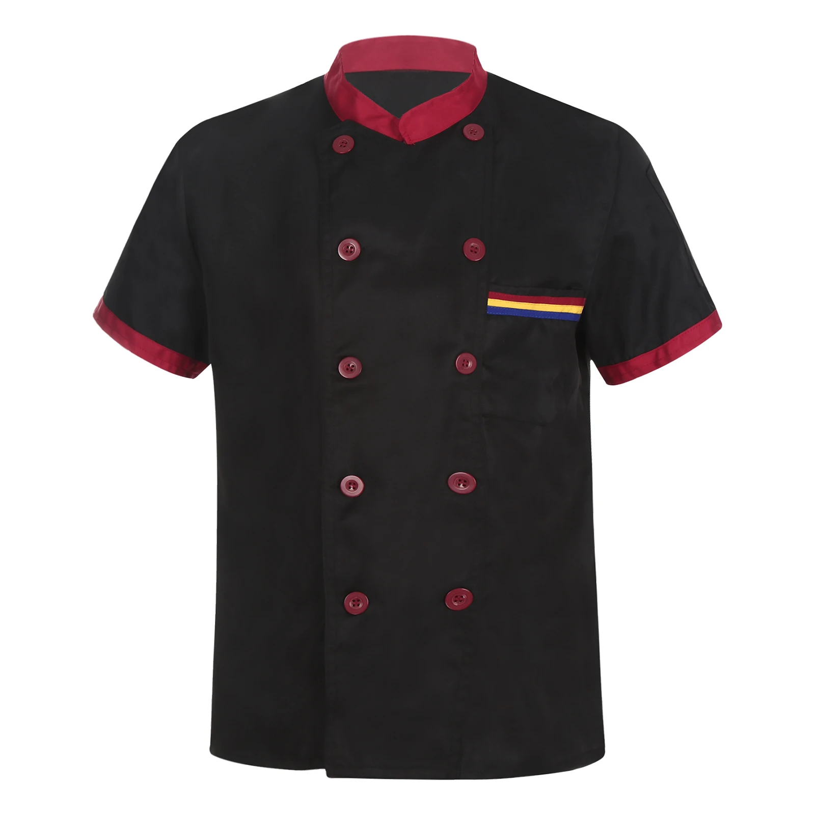 Chef Jacket Mens Womens Short Sleeve Chef Coat Contrast Color Stand Collar Cooks Shirt Uniform Food Service Kitchen Costume