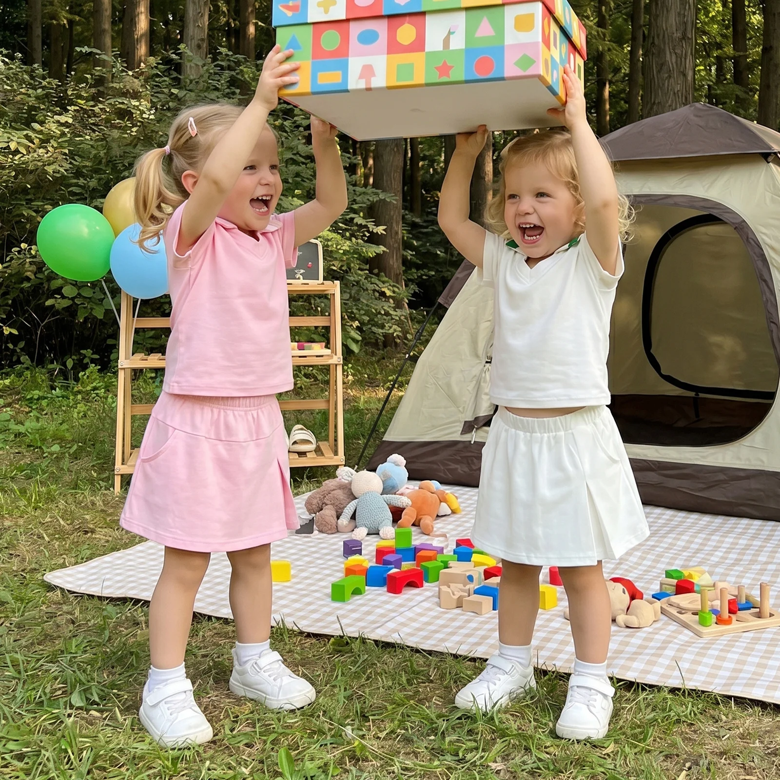 2026 Summer Toddler Girl Sports Outfits Contrast Color Collared V-Neck Short Sleeve Tops and Slit Mini Skirts 2Pcs Clothes Set