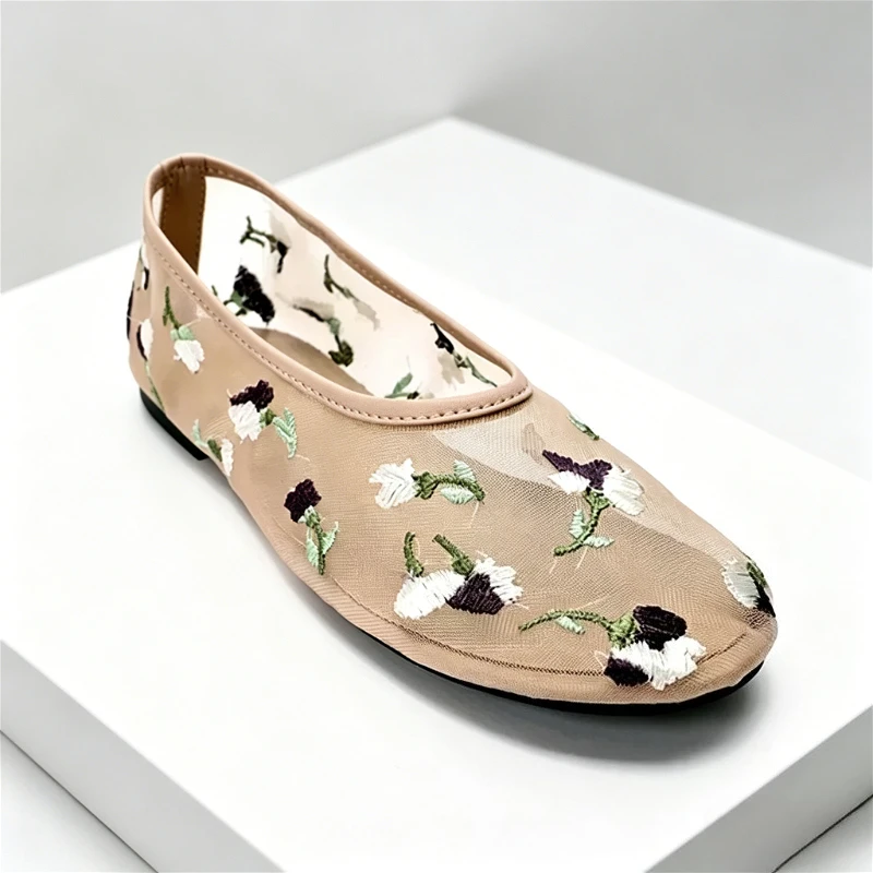Hand Embroidered Flowers Designer Mesh Hollow Flats Ballet Shoes Women Summer Light Breathable Mary Jane Shoe Elegant Mules Shoe