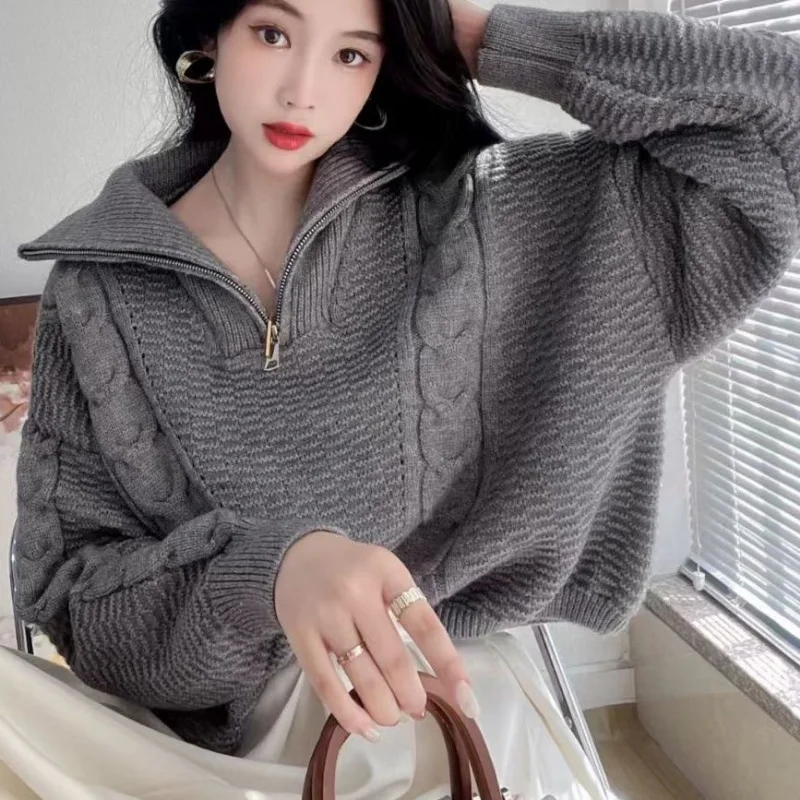 

High Neck Pullover Sweater Women Autumn Winter Small Zipper Loose Long Sleeve Casual Solid Versatile Knitted Sweater Pullover