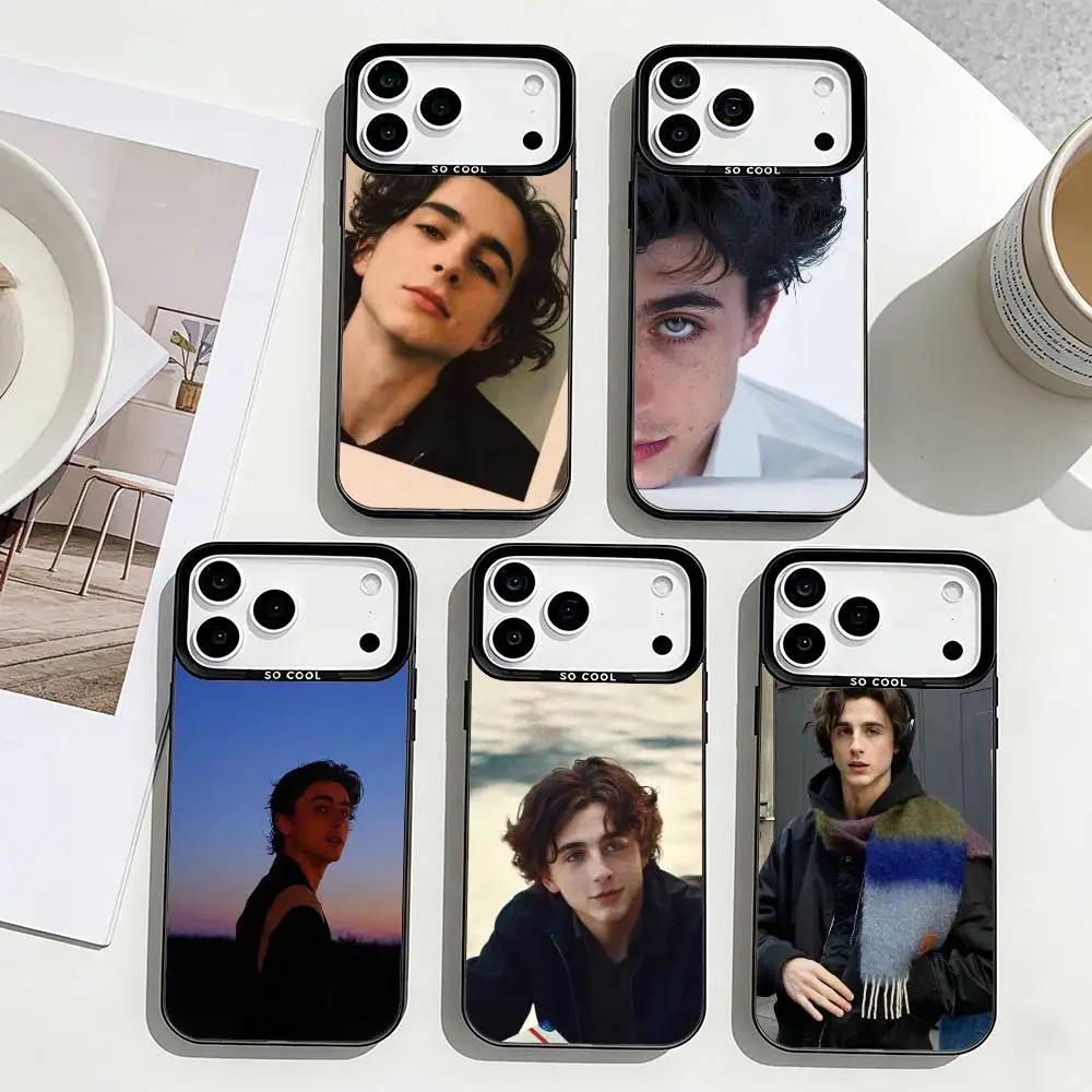 

T-Timothee Chalamet American Actres Phone Case For iPhone17,16,15,14,13,12,11 Plus,Pro Max Black Border Silver Plated Cover
