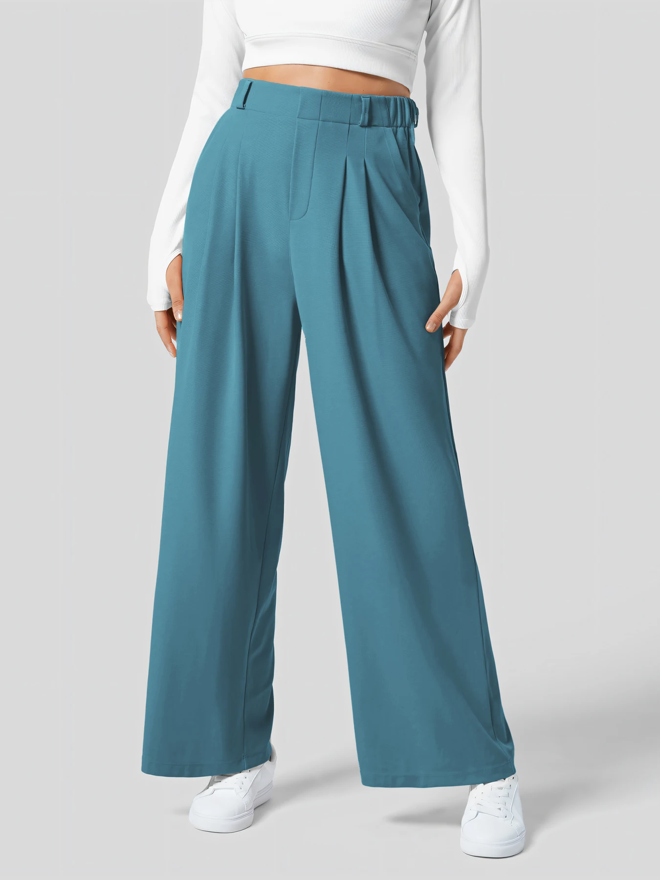 Damenhose, karierte, figurbetonte Hose mit weitem Bein und Taschen, hochtaillierte, lässige, figurbetonte Hose mit weitem Bein für Damen. – Detail 12