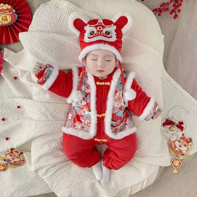 2024 New Year of The Dragon Onesie Hooded Baby New Year Dress Loveliness Baby Clothes, Newborn Crawl Suit Retro New Year Clothes