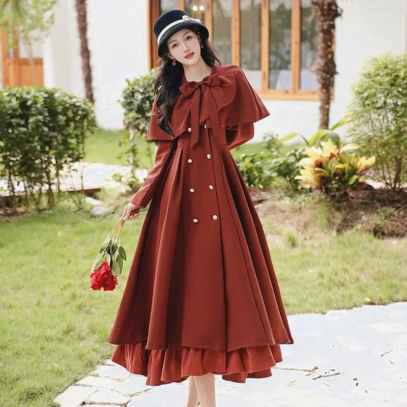 

Autumn Winter Long Dresses Women French Style Patchwork Ruffles Lolita Double Breasted Notchet Long Sleeve Dresses With Cape