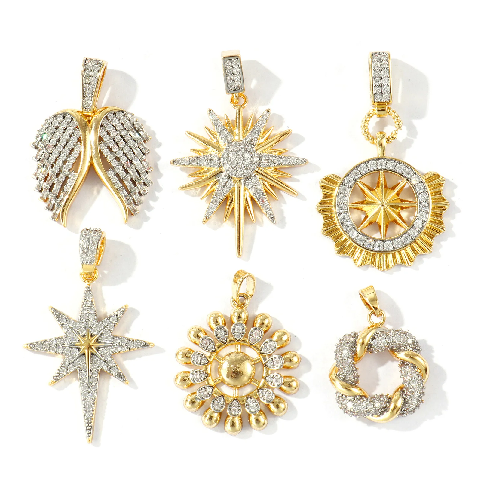 1 Stück zweifarbiger Anhänger Sonnenblume Stern Flügel mit klarem Zirkonia aus Messing, 18K vergoldet, für DIY Halsketten und Schmuckherstellung