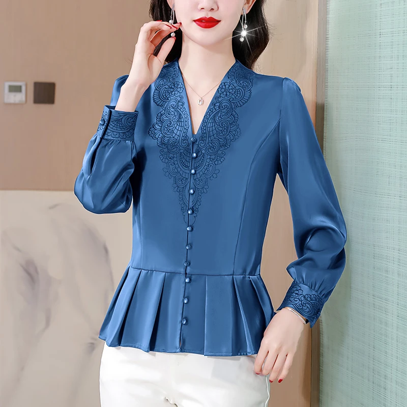 2024 Spring Women clothing Elegant Embroidered Flower Shirts Patchwork Long Sleeve Satin Blouse V-neck Slim Ruffles Tops