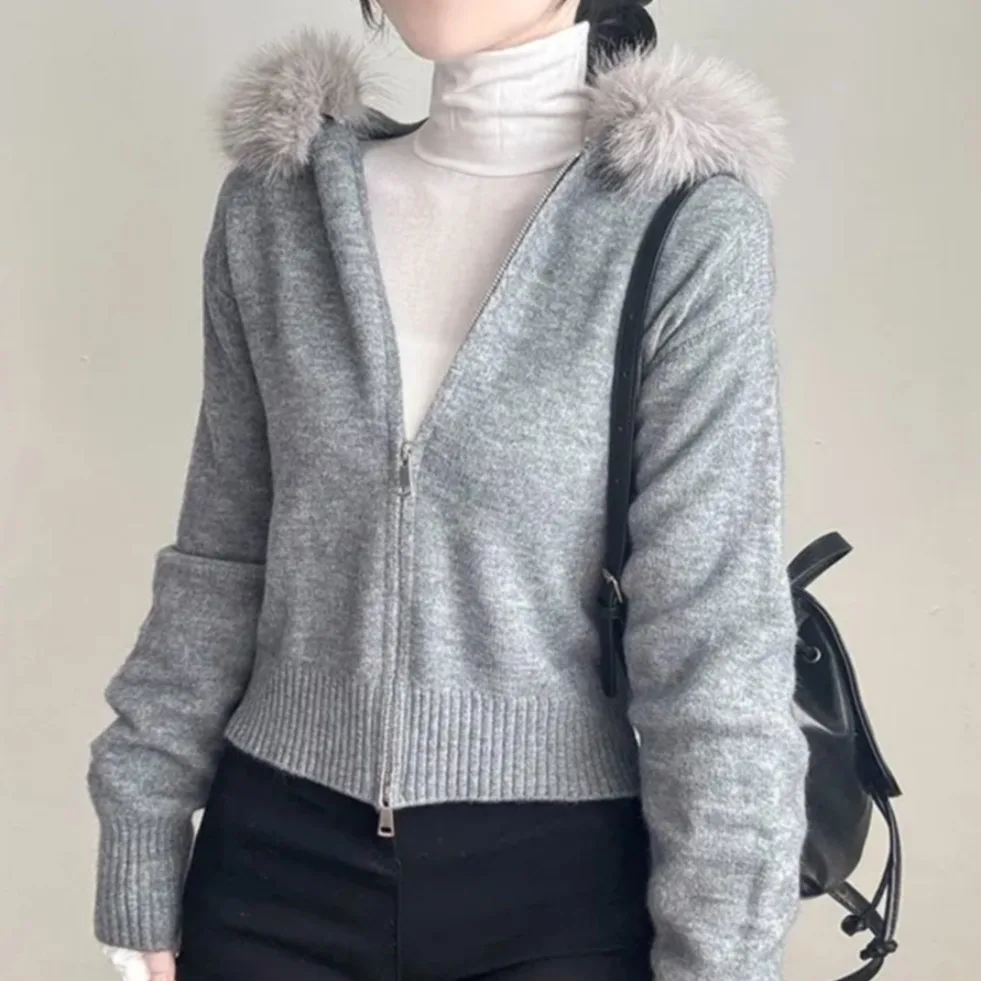 Chic autunno inverno lavorato a maglia lungo Sve cappotto con cerniera con cappuccio da donna Faion coreano Sle taglio dritto top di piccole dimensioni