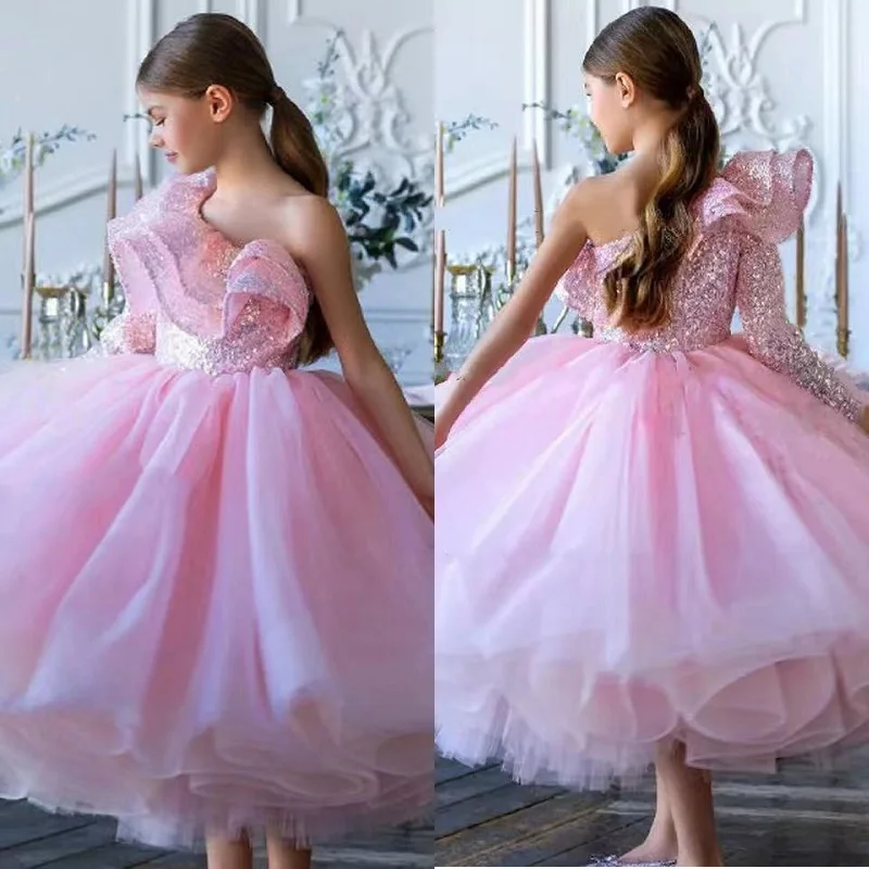 

Pink Ball Gown Flower Girl Dresses For Wedding Spaghetti Straps Princess Kids Piano Performance Luxury Children Evening Pageant