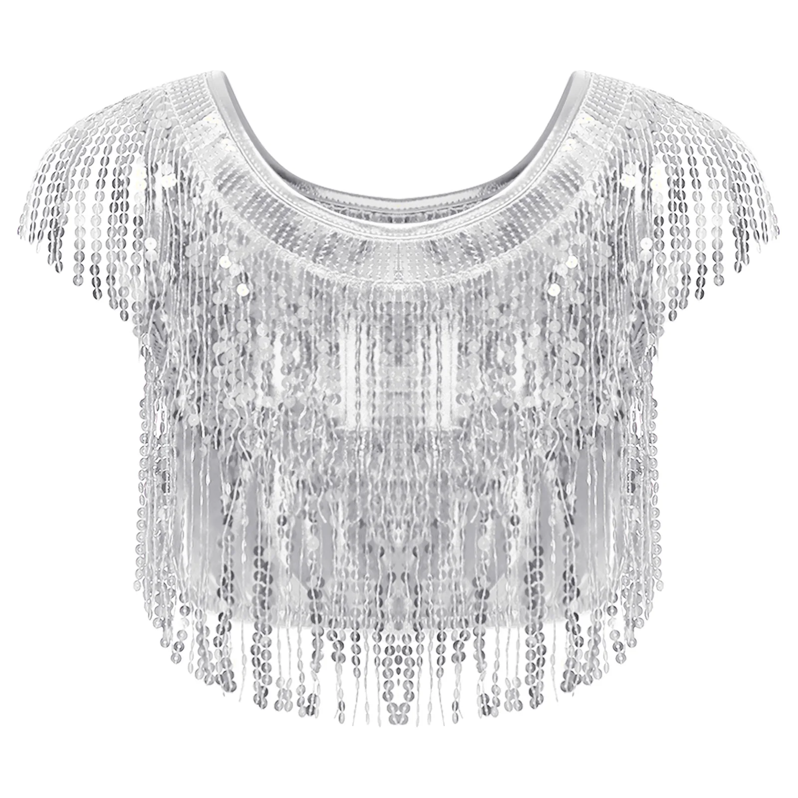 Débardeur à franges à paillettes scintillantes pour femmes, pompon métallique brillant, col rond, sans manches, coupe cintrée, haut court, chemisier de danse Disco