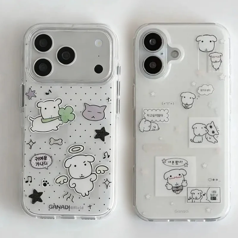 Korean Ins Cute Big Head Puppy Polka Dots Cartoon Phone Case For iPhone 17 16 15 14 13 12 11 Pro Max Y2K Creative Black Cover
