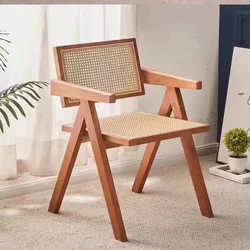 Drewniane krzesła do jadalni do sypialni Rattanowe ramię Design Krzesła biurowe do jadalni Salon Mid Century Modern Silla Chaise Home Furniture