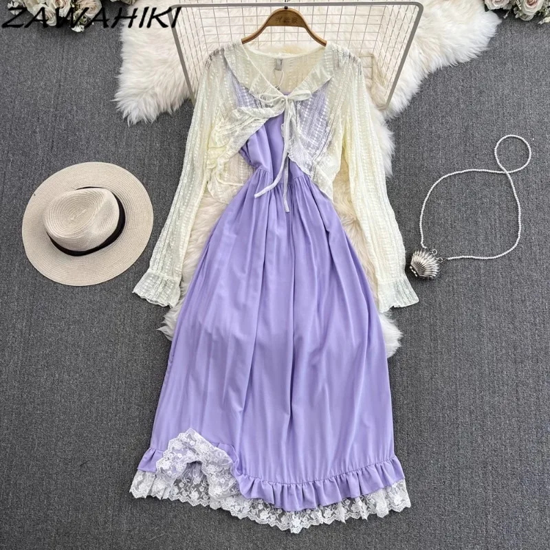 Two Piece Set of Camisole Skirts Ruffles Lace Patchwork Women's Dress Bandage Elegant Top Female Fashion Office Lady Ropa Mujer