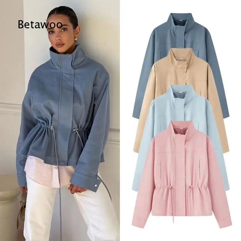 Women Casual Stand Collar Windbreaker Jacket Drawstring Waist Design Loose Cutting Functional Style Outerwear Suitable For Dail