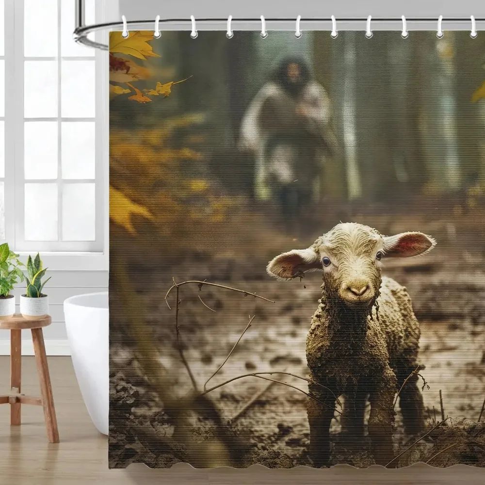 Jesus Running After Lost Lamb Shower Curtain Christian Gifts Good Shepherd Bathroom Decor Hooks