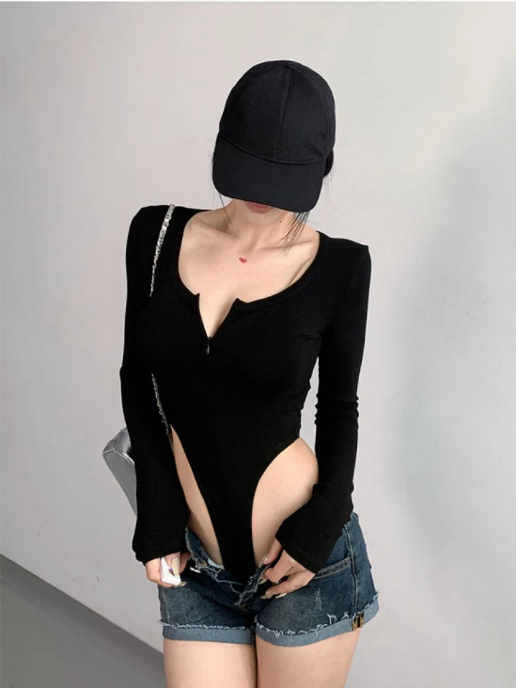 American Spicy Girl – combinaison moulante et Sexy, col en U, fermeture éclair, élastique, couleur unie, manches longues, T-shirt de sport de rue