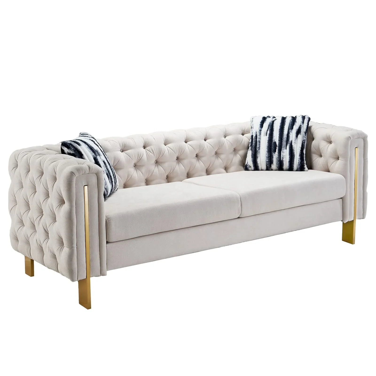 Modern Contemporary Chesterfield Sofa Living Room Couches Velvet Fabric 3 Seater Tufted Sofa White