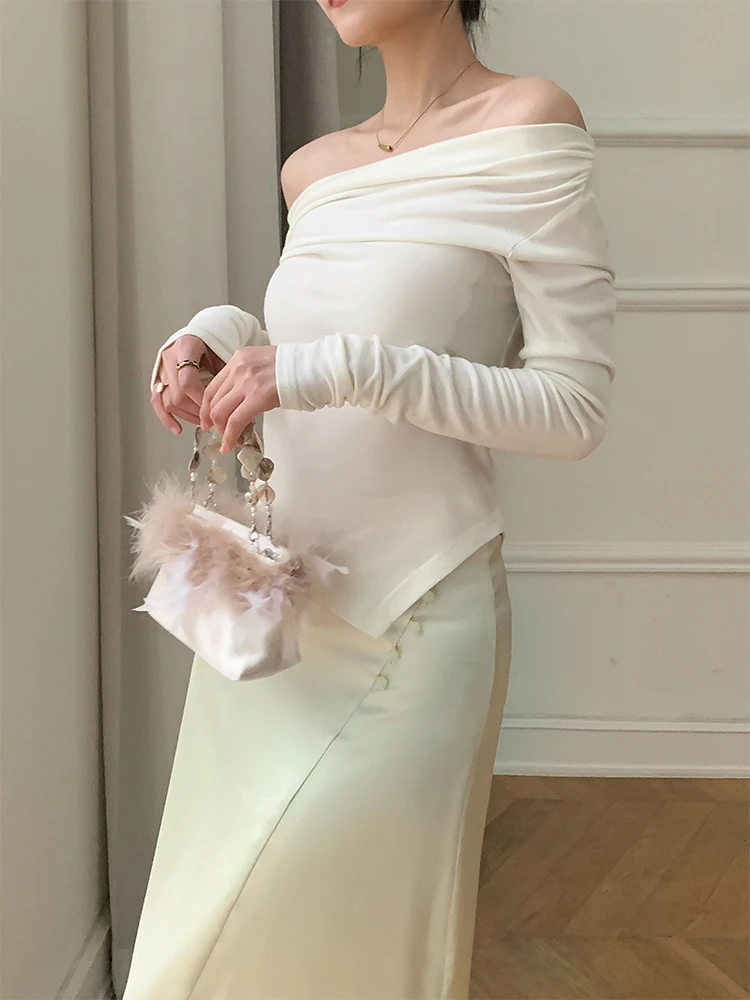 

Оригинальная китайская юбка-миди А-силуэта из атласа, универсальная, удобная для повседневной носки, однотонная, женская, со средней талией