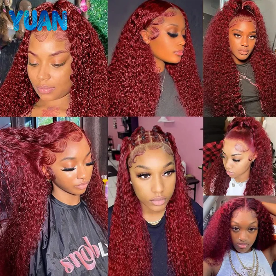 Burgundy 13x6 Hd Lace Frontal Human Hair Wig Deep Wave Curly Wigs For Women 30 Inch Water Wave Colored 99j Red Lace Front Wig image 5