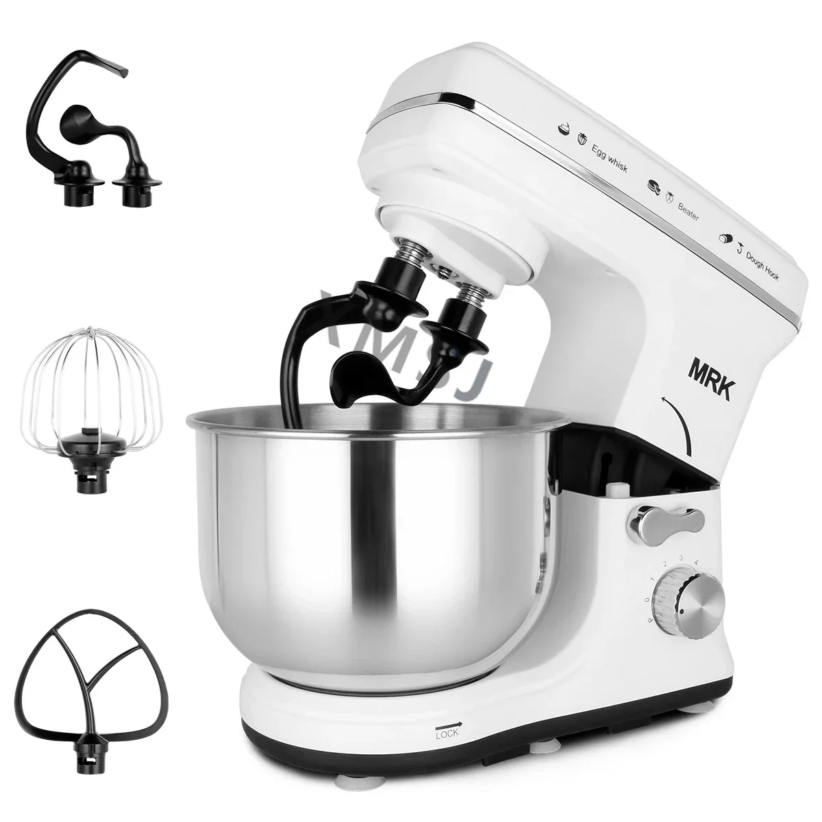 Ready to ship MRK kitchen stand food mixer with double dough hooks, flat beater, whisk and 4L stainless steel mixing bowl