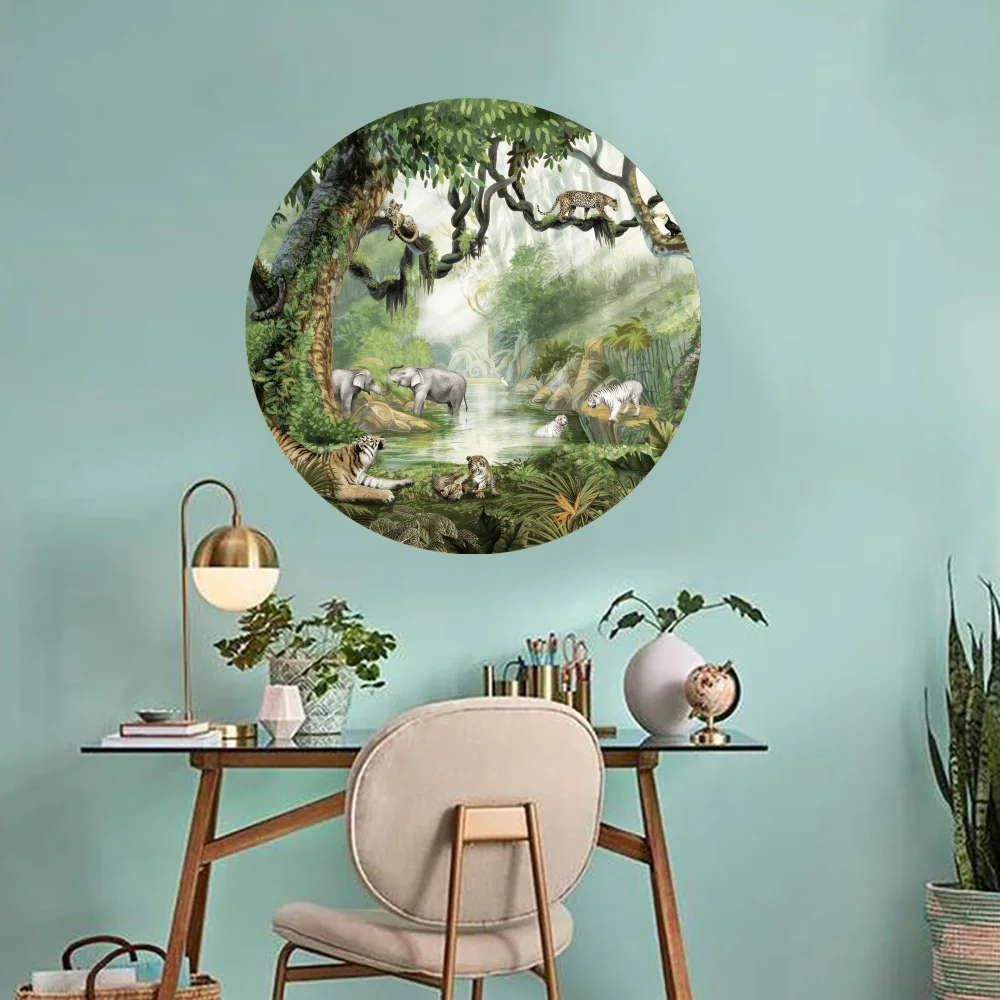 Jungle Safari Forest Circle Landscape Wall Sticker Bedroom Tree Elephant Tiger Wall Decal Bedroom Playroom Decor