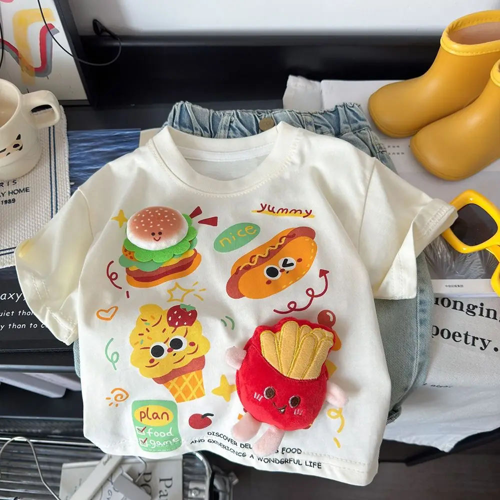 

Creative Children's Short Sleeves Pure Cotton Cartoon Printed Children's Tees French Fries 3D Hamburger Summer T-shirts