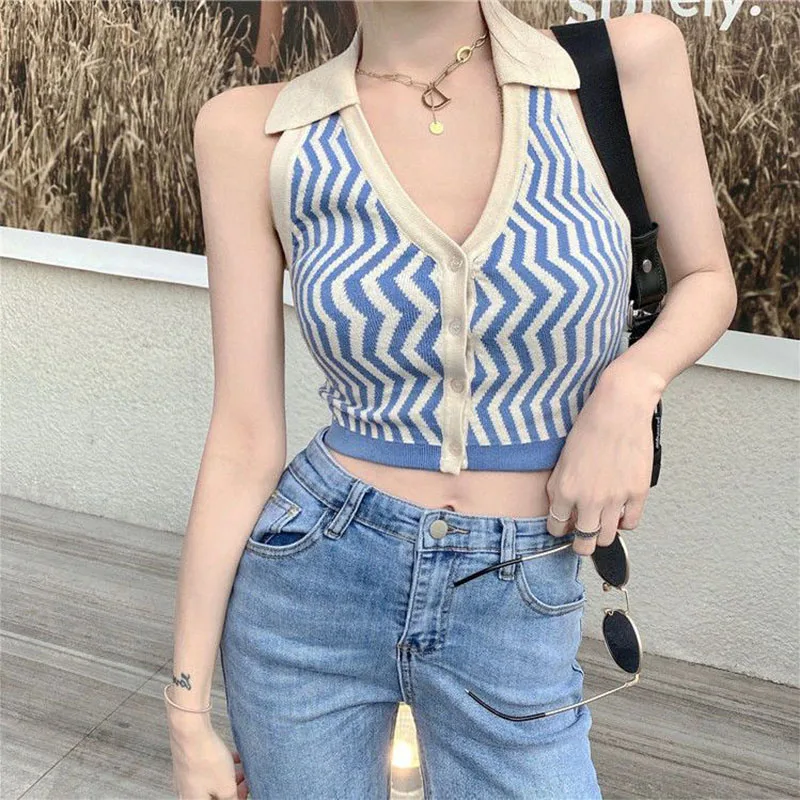 Women Clothing Vintage Chic V-neck Striped Knit Camisole Summer Fashion French Sexy Sweet Slim Backle Sleeveless Crop Top