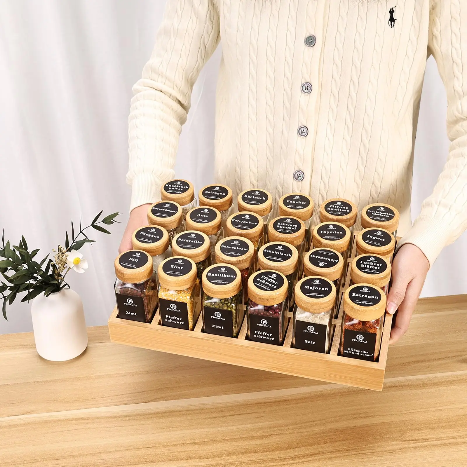 Natural Bamboo Spice Rack With 24 Square Glass Spice Jars And 180 Black Labels, Spice Organizer For Easy Move