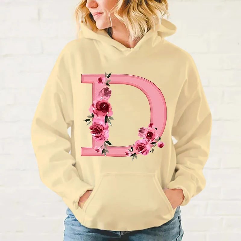 New Flower Alphabet D Hoodies Women Girl Long Sleeve Sweatshirt Female Casual Loose Hoodies Fashion Pullovers Tops