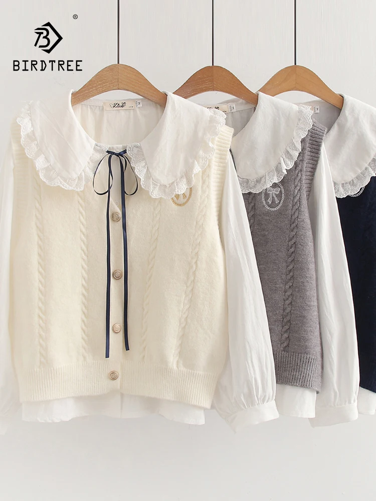 

New 2025 Autumn Cotton Shirt Knit Vest Set, Women Peter Pan Collar Lace, Mori Girl Sweet Preppy Style Loose Blouse Set S58758CC