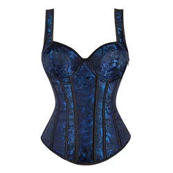 Corset Top with Straps Pirate Steampunk Plus Size Vintage Jacquard Women Victorian Gothic Costume Renissance Blue