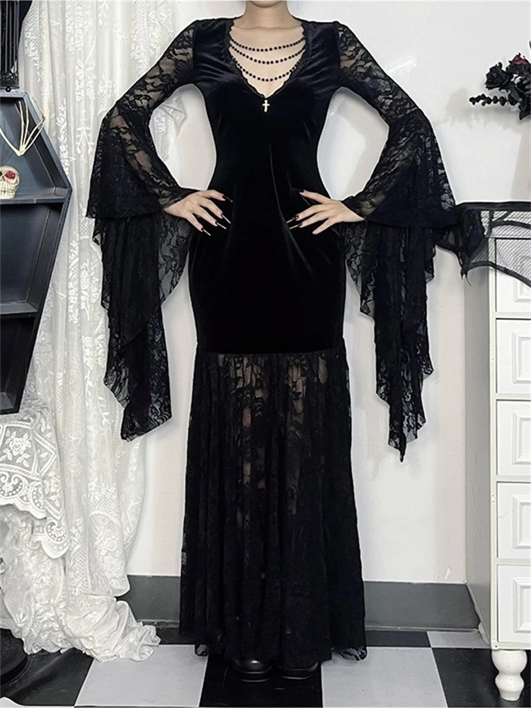 2025 Batwing Long Sleeve Velvet Women Black Maxi Long Dress Elegant Lace Patchwork Punk Steampunk Cosplay Dance Party Dresses