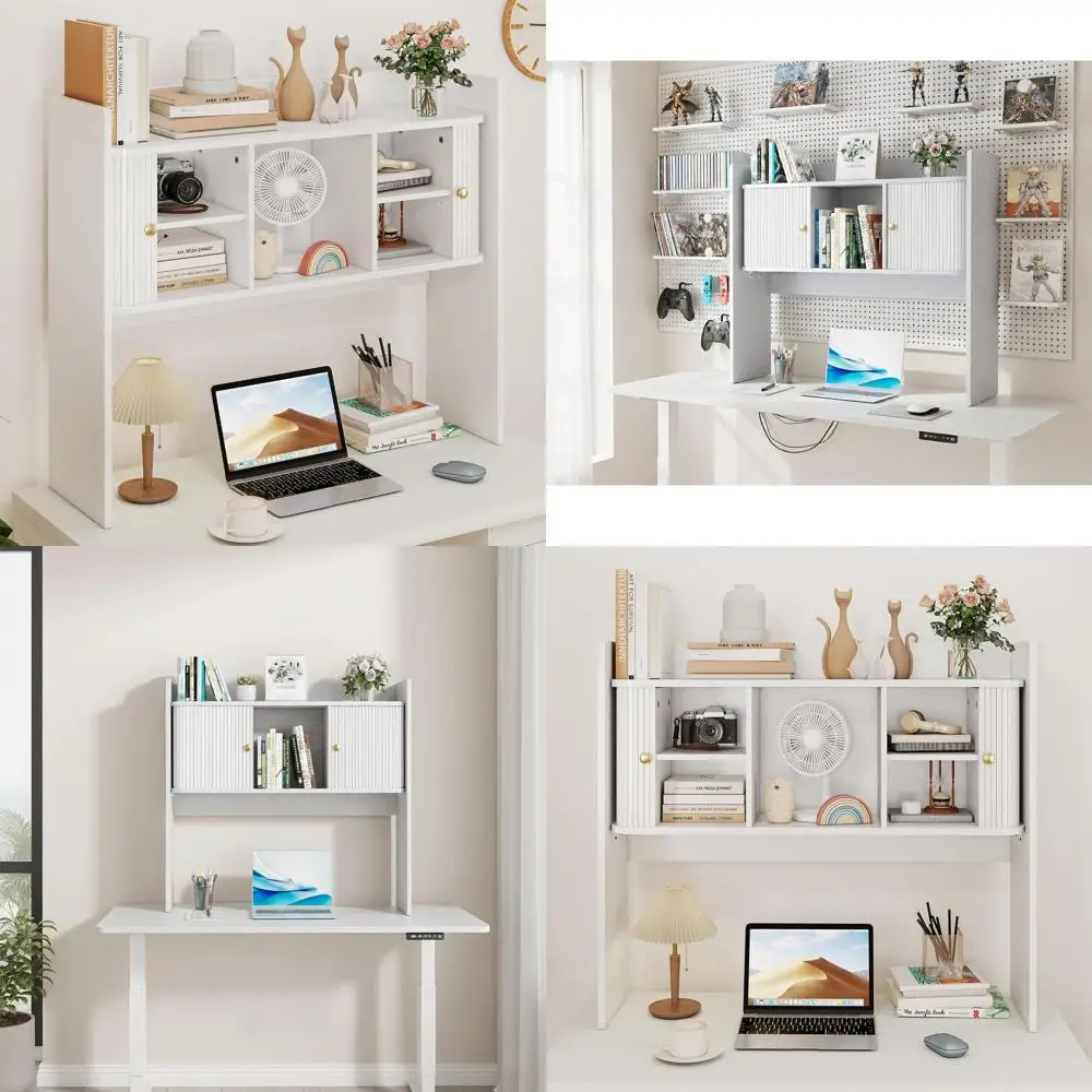 

Двухуровневый белый органайзер для стола с дверцами, 35,4 x 31,5 дюйма, деревянный настольный органайзер, полка для хранения для дома или офиса