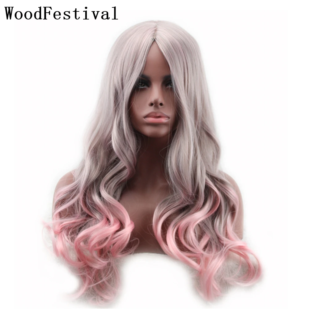 

WoodFestival Synthetic Hair Wig Long Cosplay Wigs For Women Ombre Red Green Pink Grey Blonde Black Blue Burgundy Brown Wavy