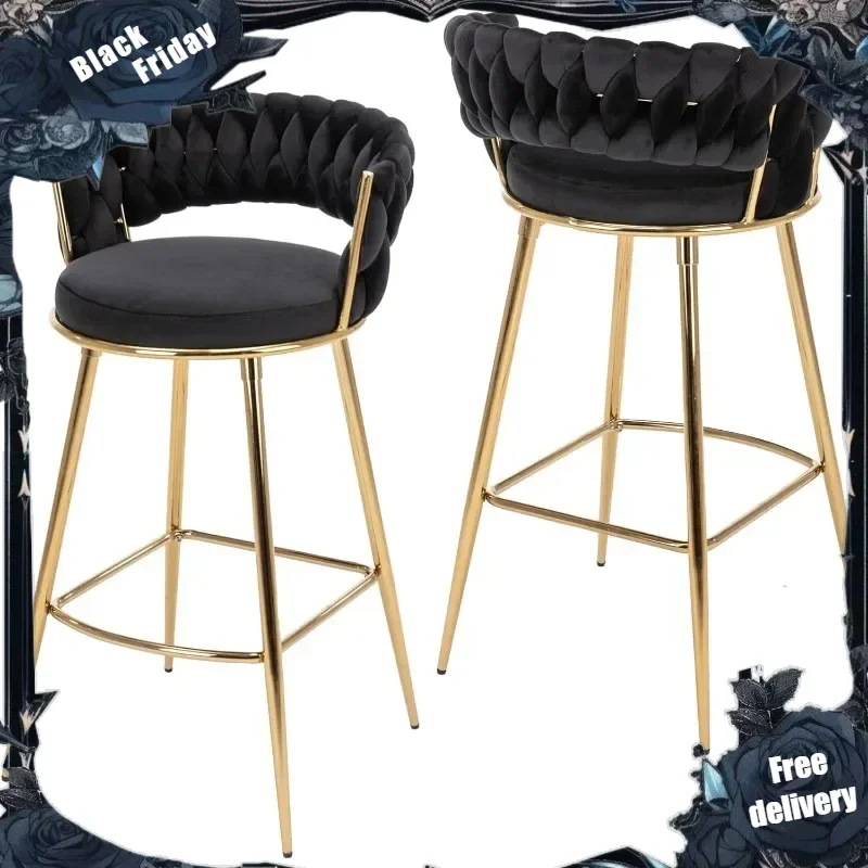 Modern Bar Stools Set of 2, Velvet Counter Stools, Bar Chairs with 29 Inches Height Comfy Seat, Handmade Woven Back Armrest