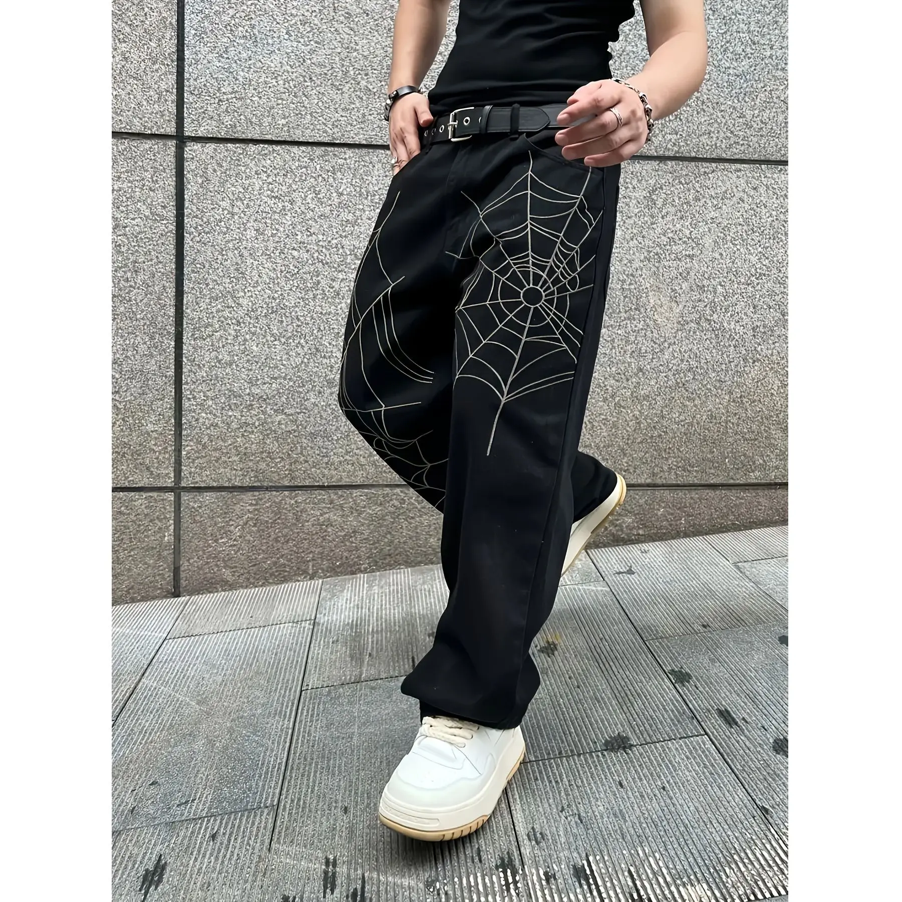 جينز فضفاض للرجال بتصميم شبكة العنكبوت القوطية، جينز مع جيوب ملابس العمل، التزلج، ملابس العمل السوداء في الشارع، كبير الحجم #4