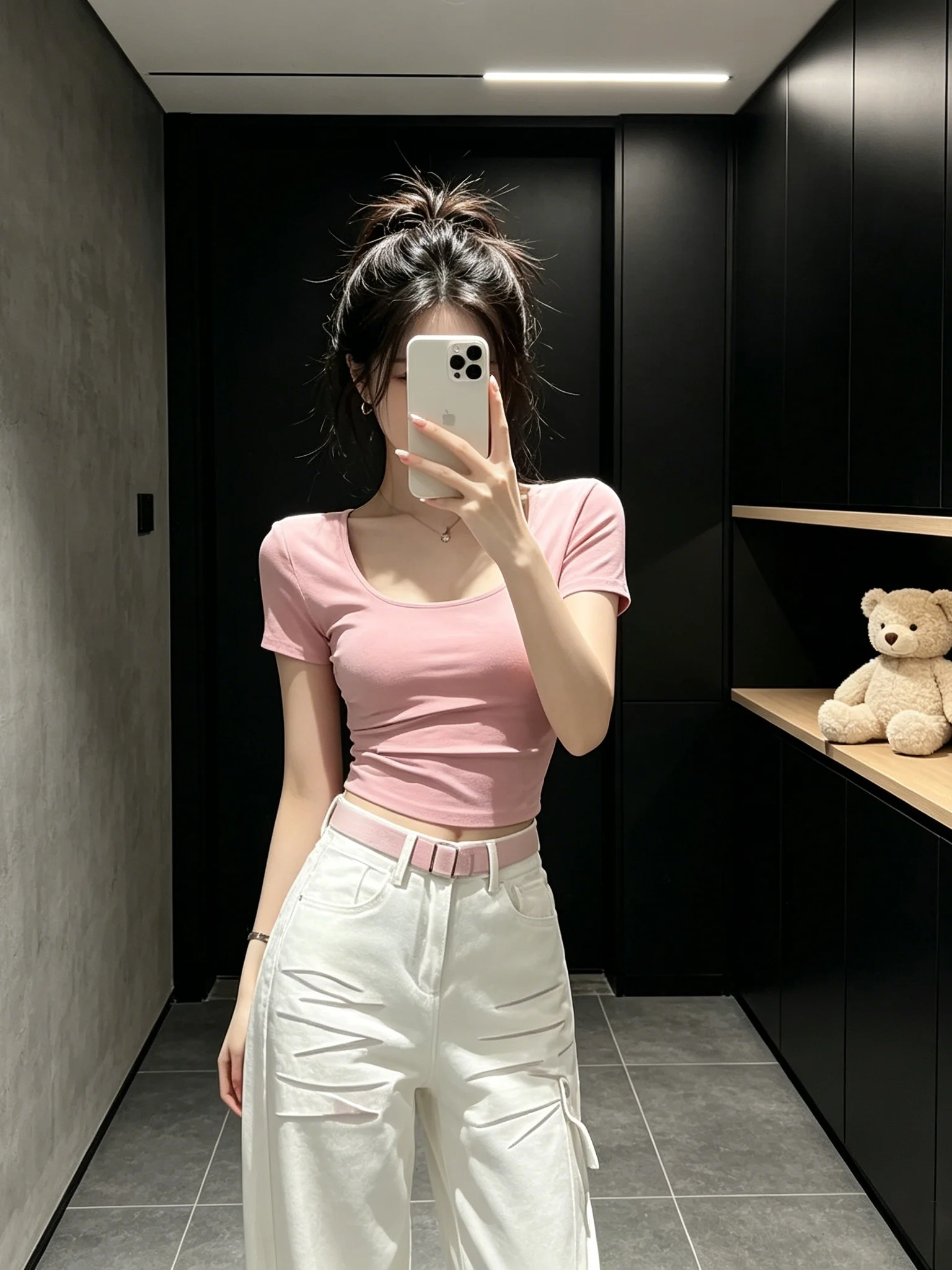 

Summer 2026 Women's Pink Square Collar Short Sleeve Slim Fit T-Shirt Exposing Clavicle Short Style Korean Sweet And Spicy Girl