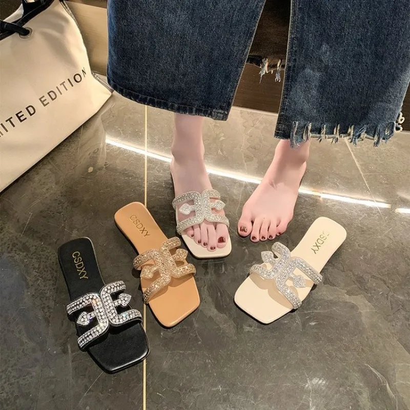 Summer Slippers, Flats, Women's Beach Shoes, Women's Summer 2024 Sandals, Pearl Rhinestone Flats, Women's Summer 2024 Sandals,