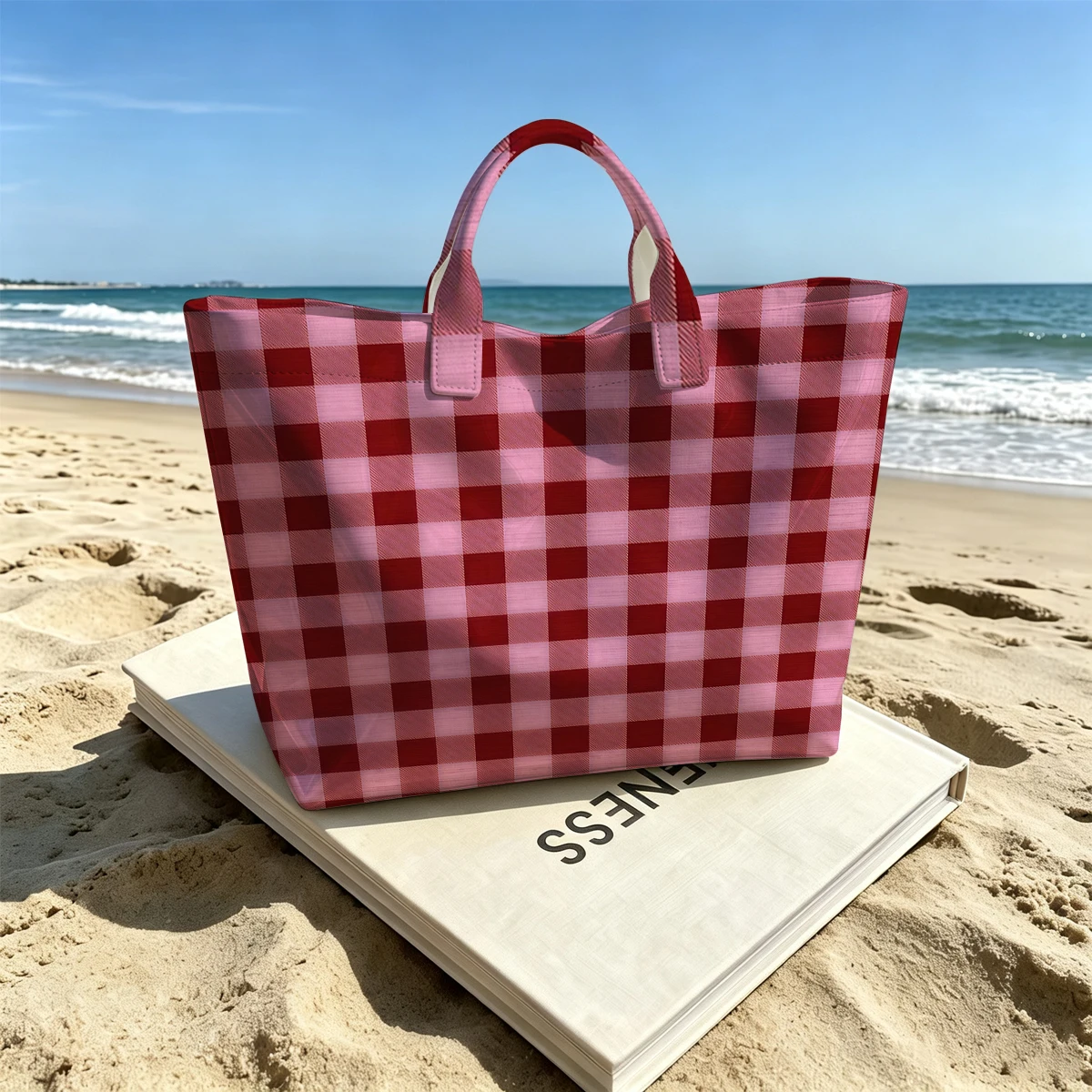 Burgundy Gingham Cute Large Glossy PVC Tote Bag Hand Washable Lightweight Soft Great for Travel Commute Makeup Storage Handbags