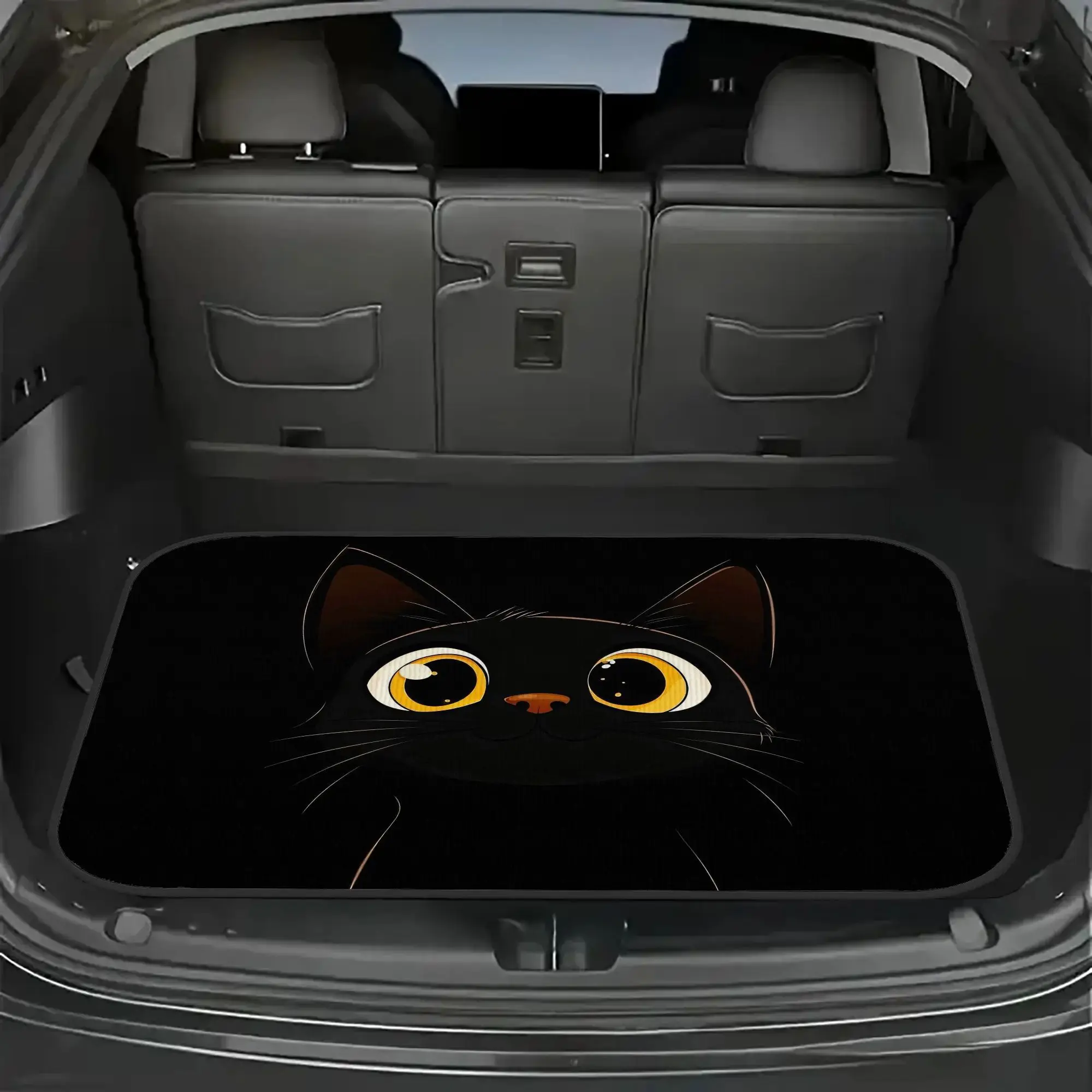 2D Plane 1pc Big-Eyed Black Cat Car Trunk Mat, An Essential Interior Accessory For Your Car. Enhances In-Car Atmosphere, Suitabl