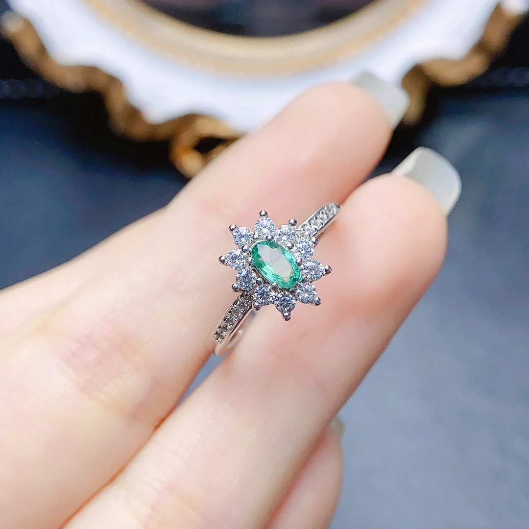 FS 3*5 Natural Emerald Gemstone Fashion Flower Ring for Women Real 925 Sterling Silver Charm Fine Weddings Party Jewelry MeiBaPJ