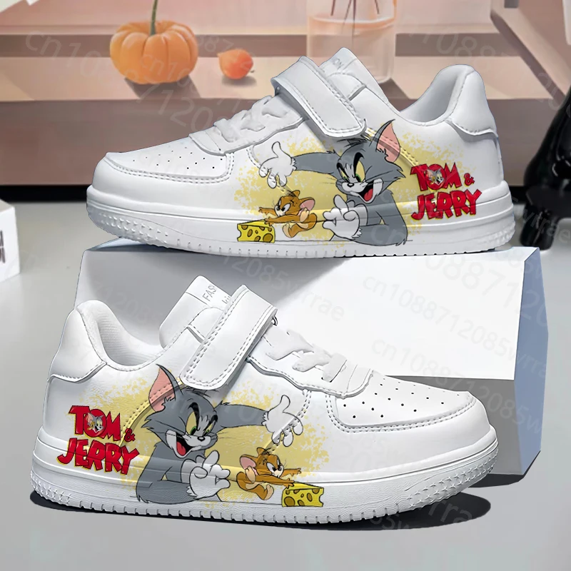 

25 Hot Selling Tom jerry Cat Mouse Waterproof leather surface Children shoes boys girls white versatile breathable casual shoes
