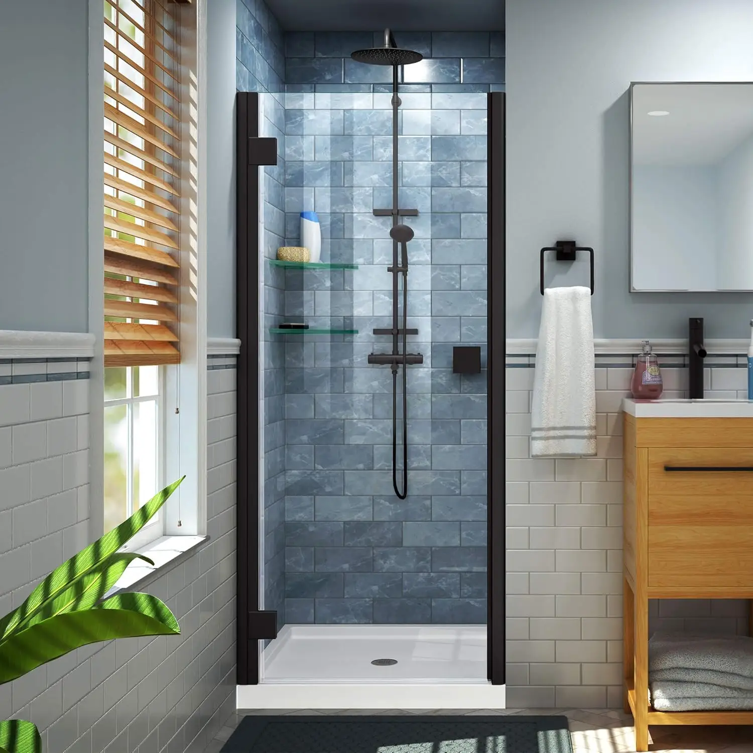 

Lumen 40-41 in. W by 72 in. H Semi-Frameless Hinged Shower Door in Satin Black, SHDR-5340720-09