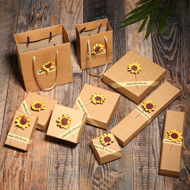 5pcs Kraft Paper Jewelry Box 3d Sunflower Square Cases for Necklace Earring Bracelet Packaging Gift Package Storage Wholesale