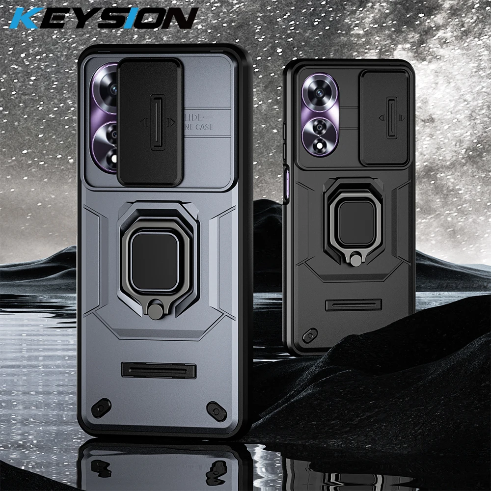 KEYSION Shockproof Armor Case for OPPO A60 4G Slide Push Pull Camera Lens Protection Ring Stand Phone Back Cover for OPPO A60