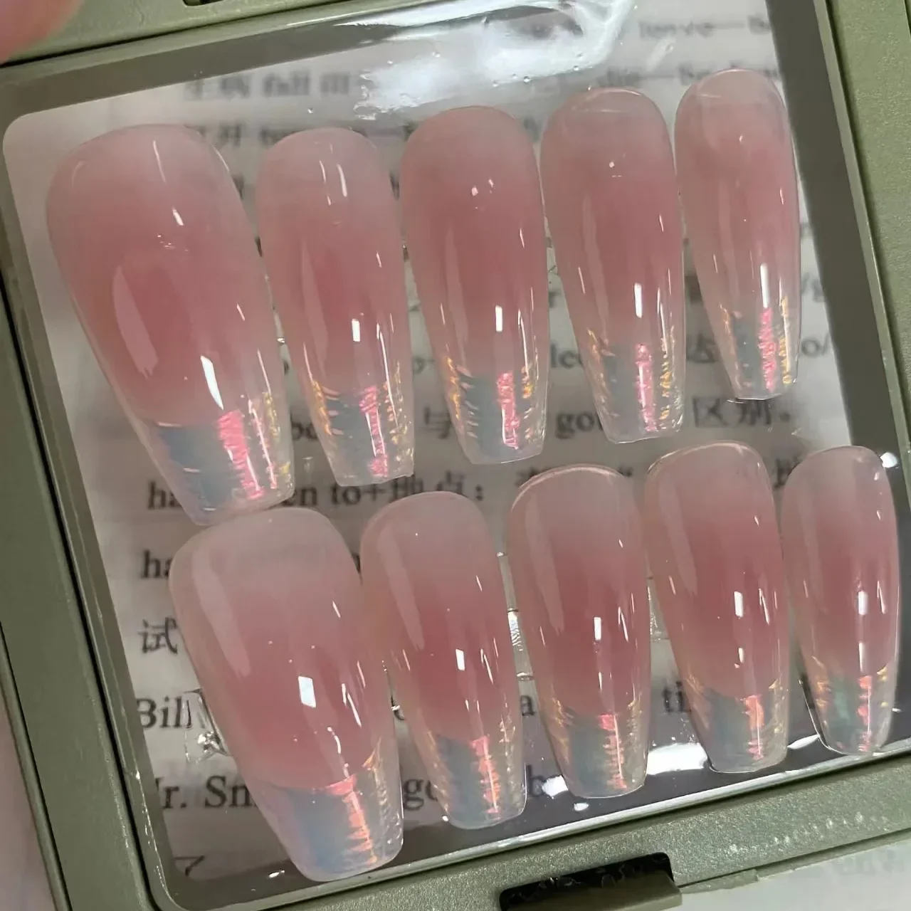 

10Pcs Handmade Press On Nails Aurora Powder Blusher Fake Nail With Fold Edge Design French Tips Full Cover Wearable False Nail