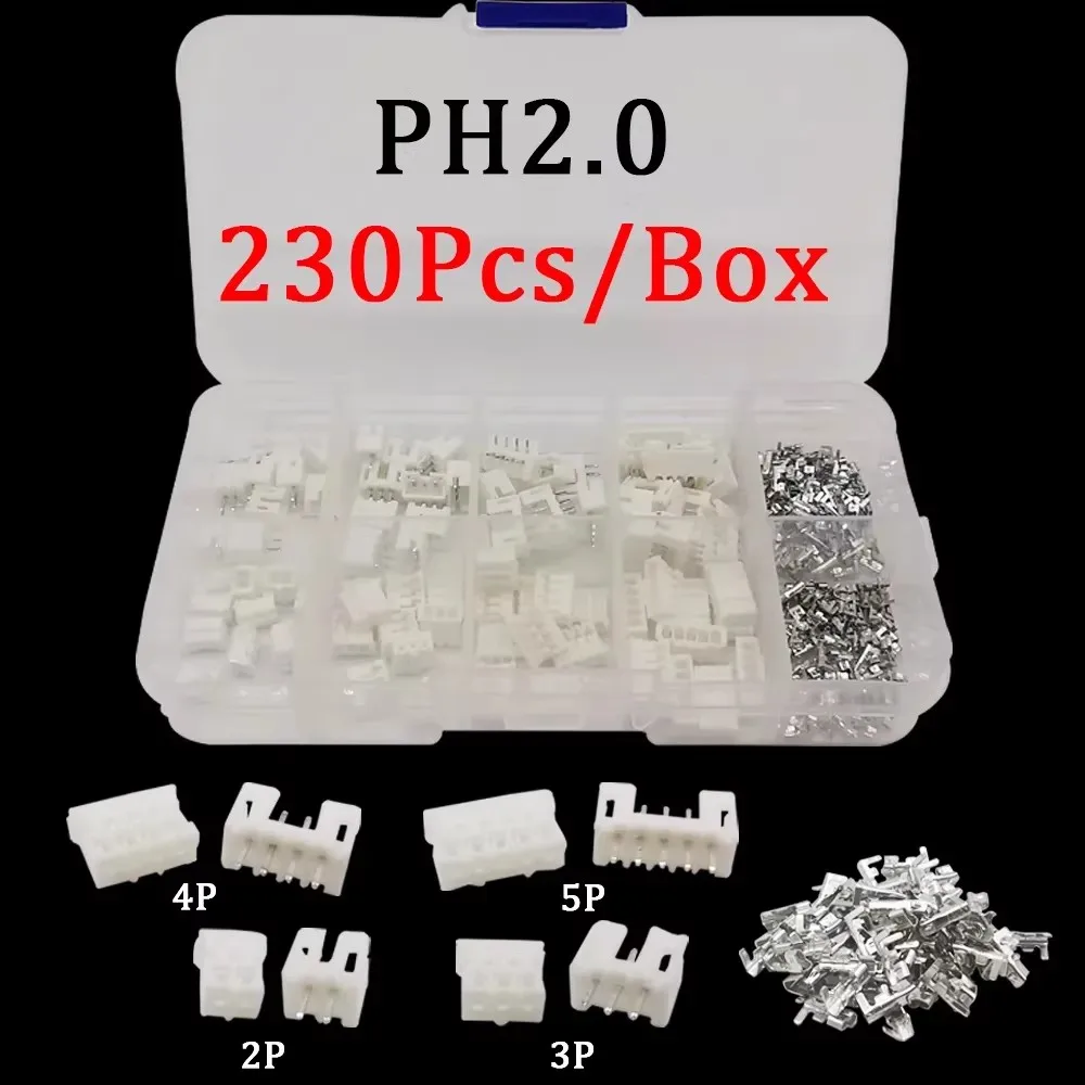 230pcs PH2.0 40 Sets 2P 3P 4P 5pin 2.0MM Straight Pin JST Connectors Plastic Shell Terminal Connector Kit for Electronics