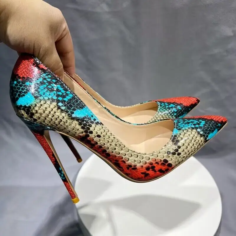 Tikicup Floral Snakeskin Pattern Women Pointy Toe High Heel Shoes Sexy Designer Slip On Stiletto Pumps for Party Dress Skirts