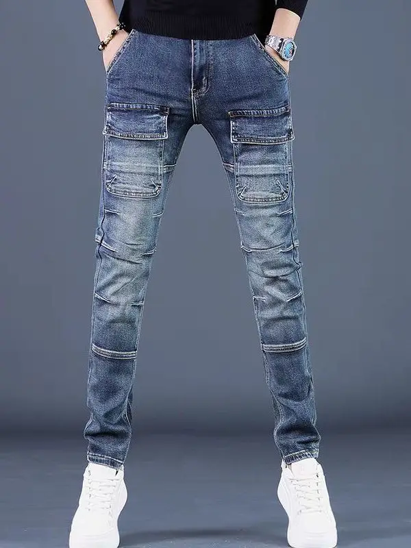 

Spring Autumn Trendy American Sle Men's Jeans Faionable Patchwork Retro Motorcycle Long Pants Elastic Slim Fit Bootcut Jeans