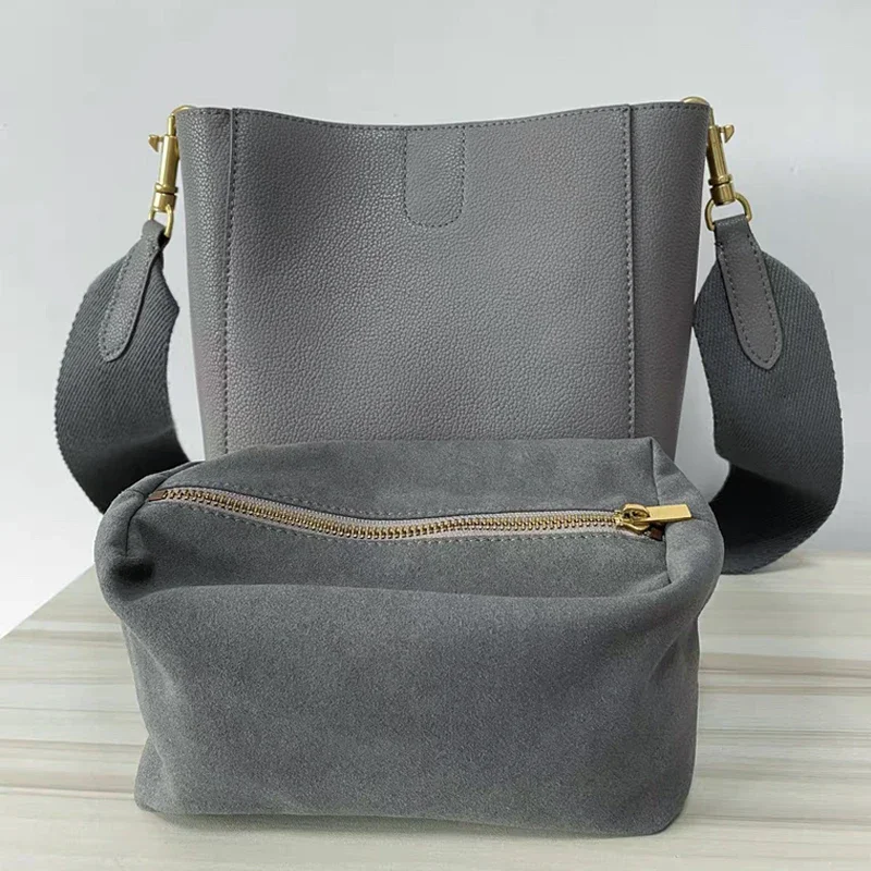 Wide Shoulder Strap Bucket Bag Woman Shoulder Crossbody Bag Simplicity Fashion Versatile Soft Two Layer Cowhide Inner Liner